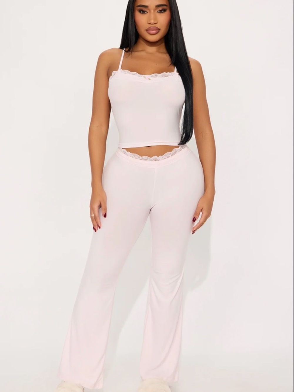 Lace-Trim Cami & Wide-Leg Lounge Set - Light Pink